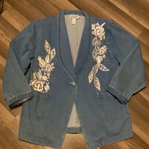 Vintage embroidered Denim Blazer Jacket Embellished sequins size xl